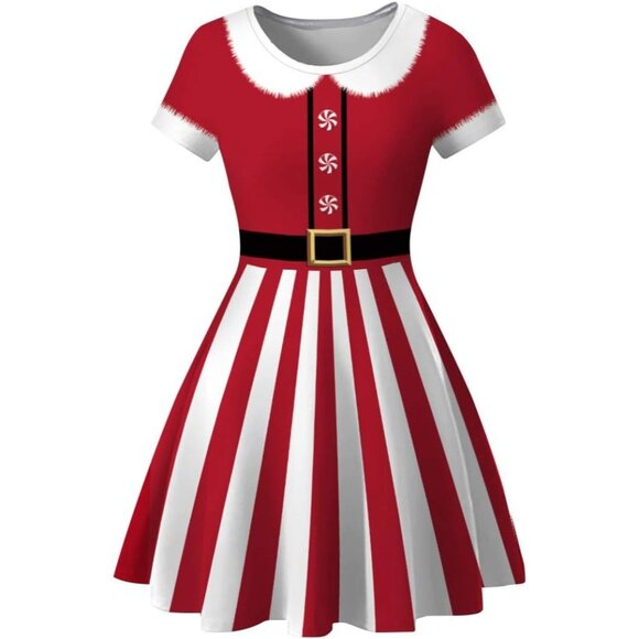 Women's Ugly Christmas Santa Dress 2 Santa Stripes Holiday Print Dress for Xmas - Picture 5 of 5